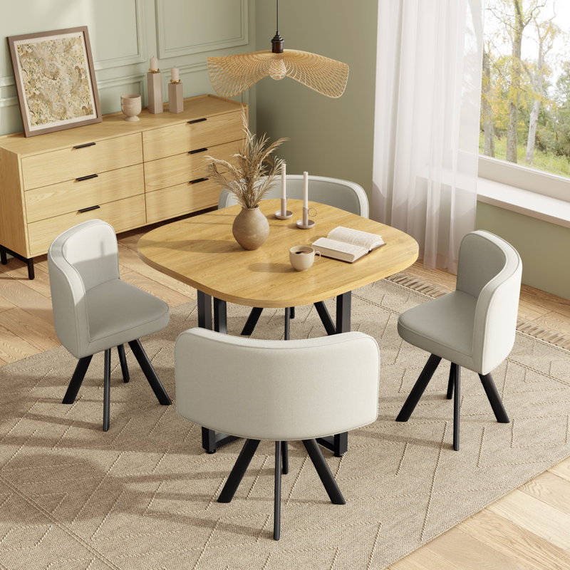Metal Base Dining Table, Beige + Oak