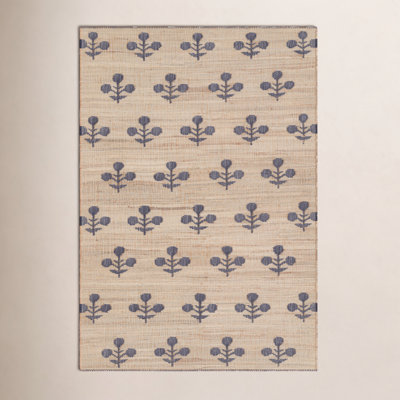 Orchard Blue Hand-Woven Block Print Jute Rug