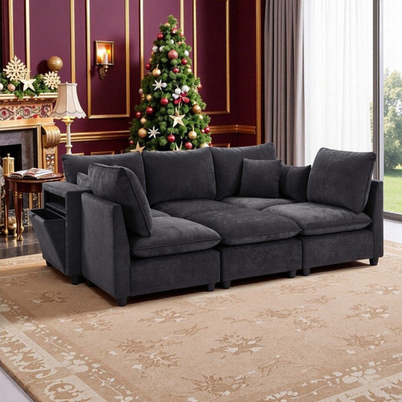 Modular Sectional Sofa With Ottoman & USB Ports Chenille Upholstery, L-Shaped Or U-Shaped Configurable, Black