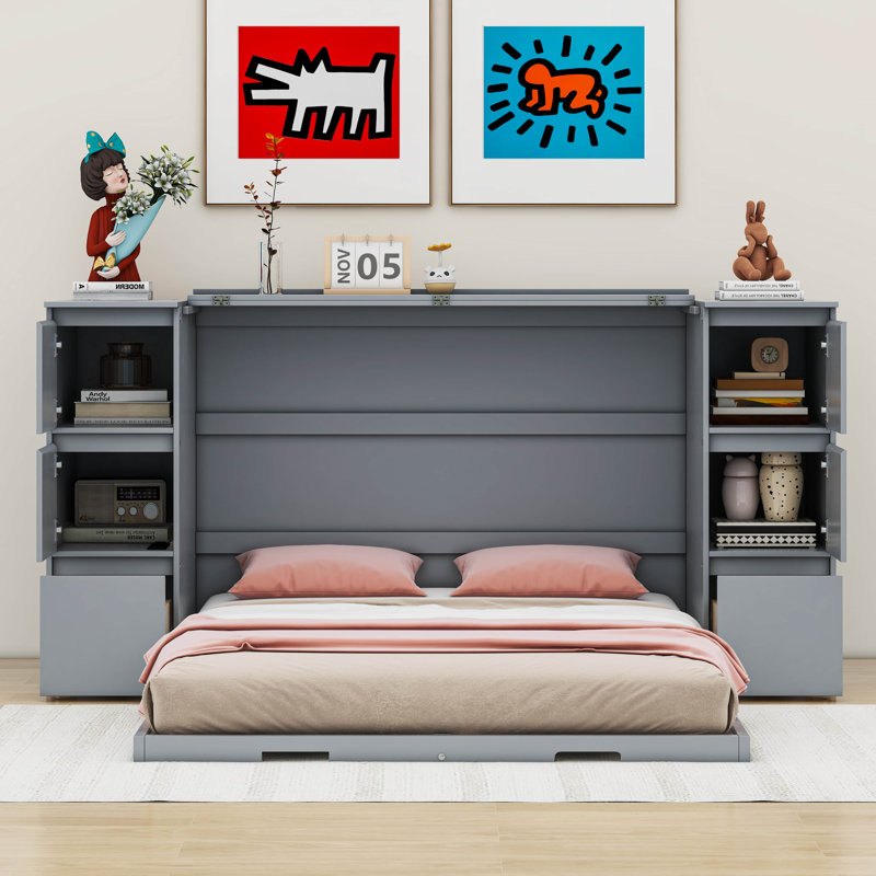 Gray Full Murphy Bed with Drawers, Cabinets, and USB Ports