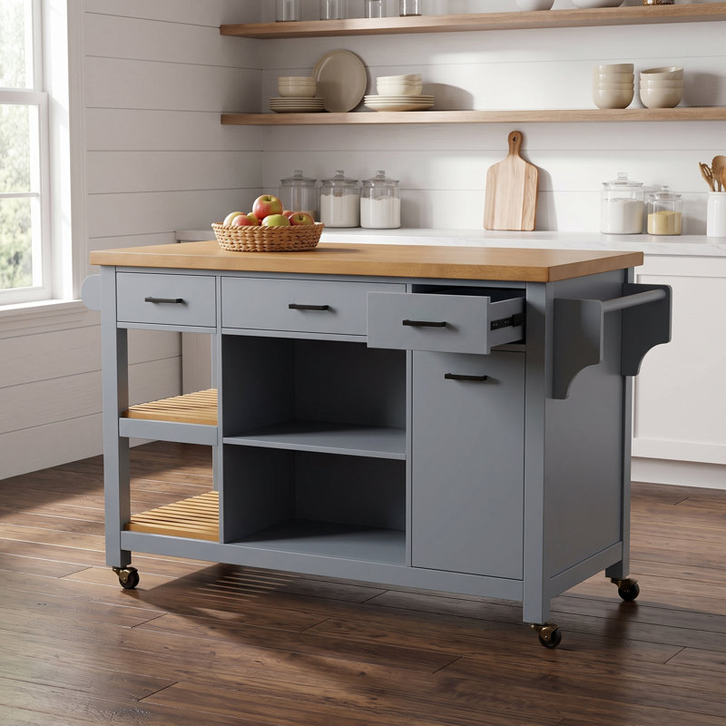Îlot de cuisine mobile de 132 cm (52,01 po) avec placards et tiroirs de rangement, grand chariot de cuisine roulant avec étagères ouvertes et porte-serviettes