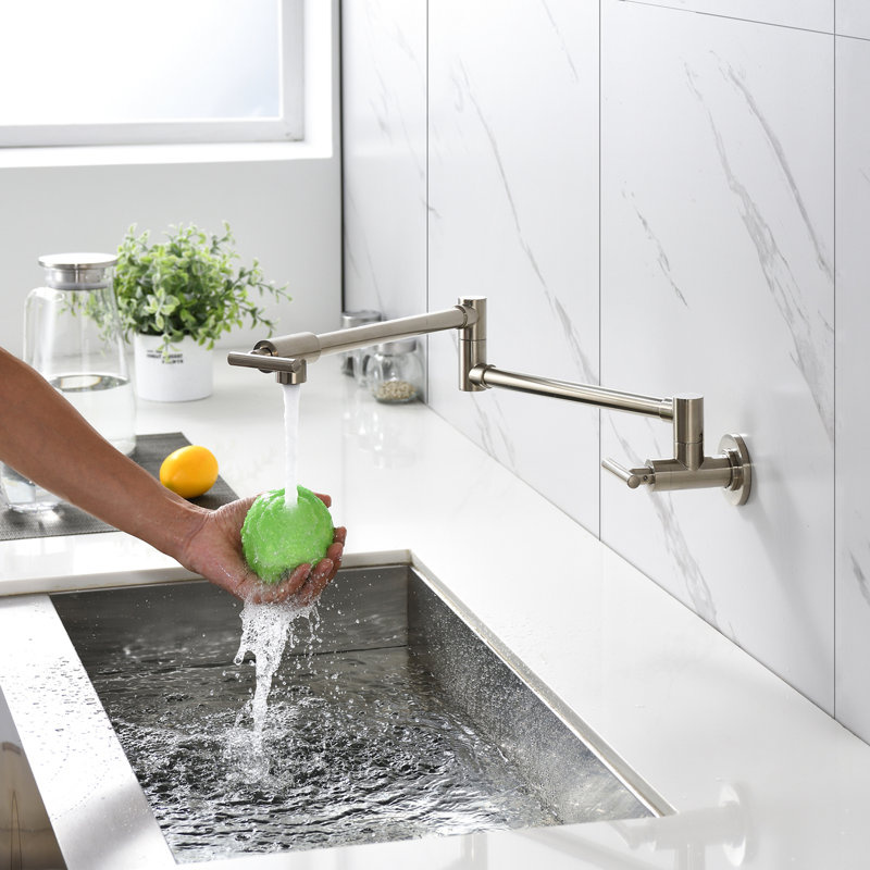 Brushed Nickel Pot Filler Faucet With Wall Mount & Folding Design - Arm For Hassle- Filling, Double Handles Precise Water Flow Regulation, Surface Finish Mounted Kitchen In Efficient Output, Special