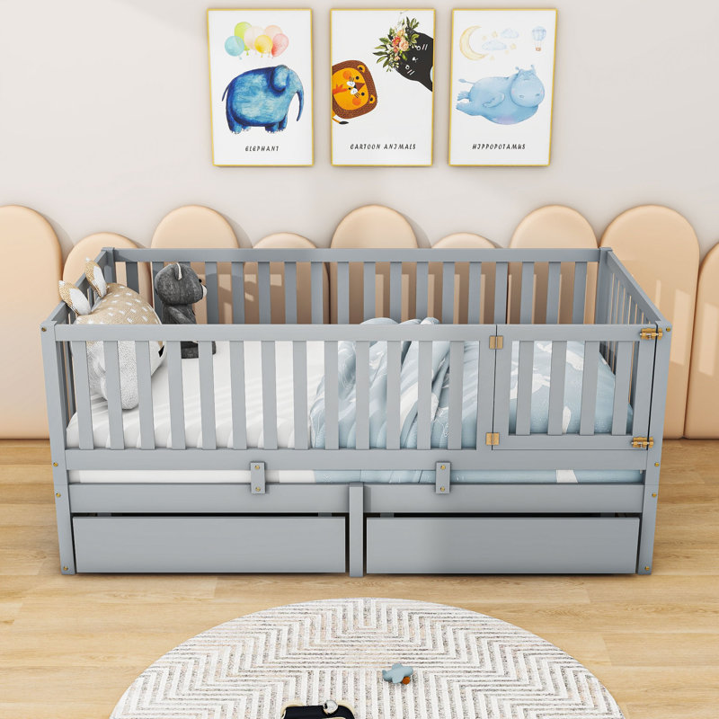 Storage Wooden Floor Bed with Guardrails and 2 Drawers, Gray, Full