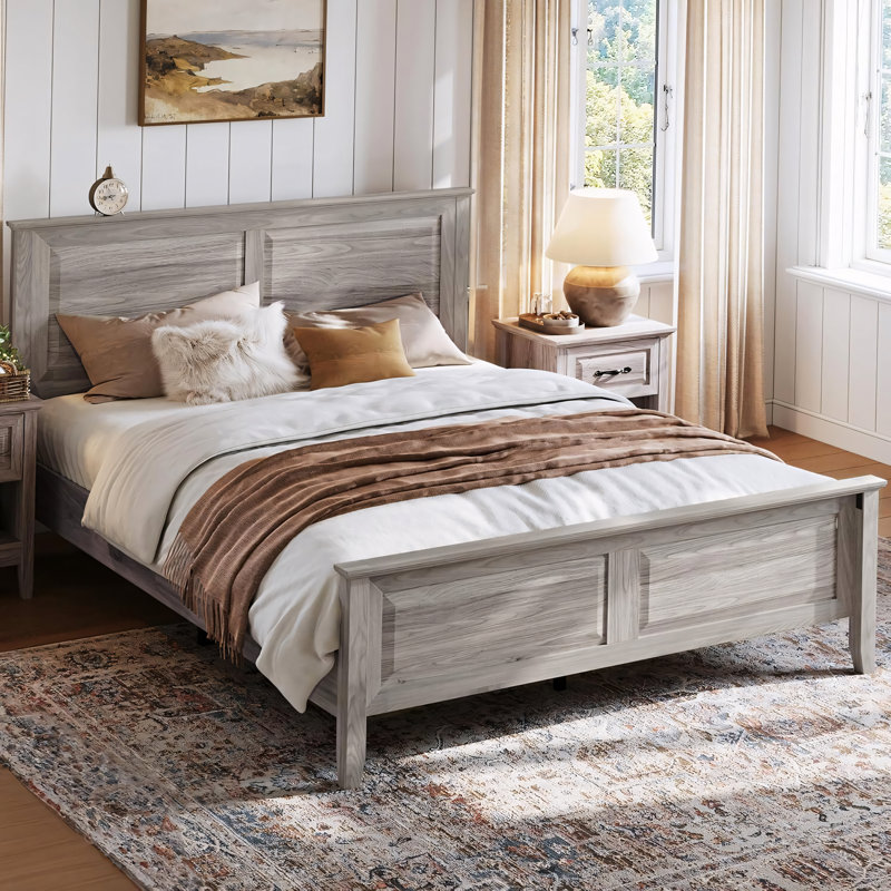 Farmhouse Bed Frame, Bedframe with Headboard and Footboard, Wooden Bed Frame with Solid Wood Slats, Rustic Grey Platform Bed Frames Queen-Size, No Box Spring Needed