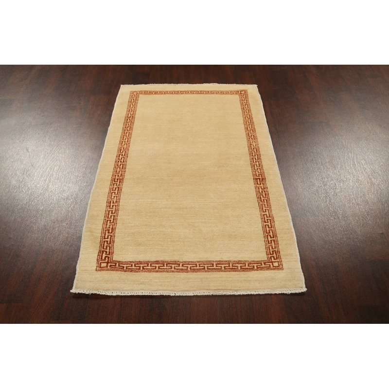 Tapis beige noué à la main de conception unique 3 pi 2 po x 5 pi 2 po