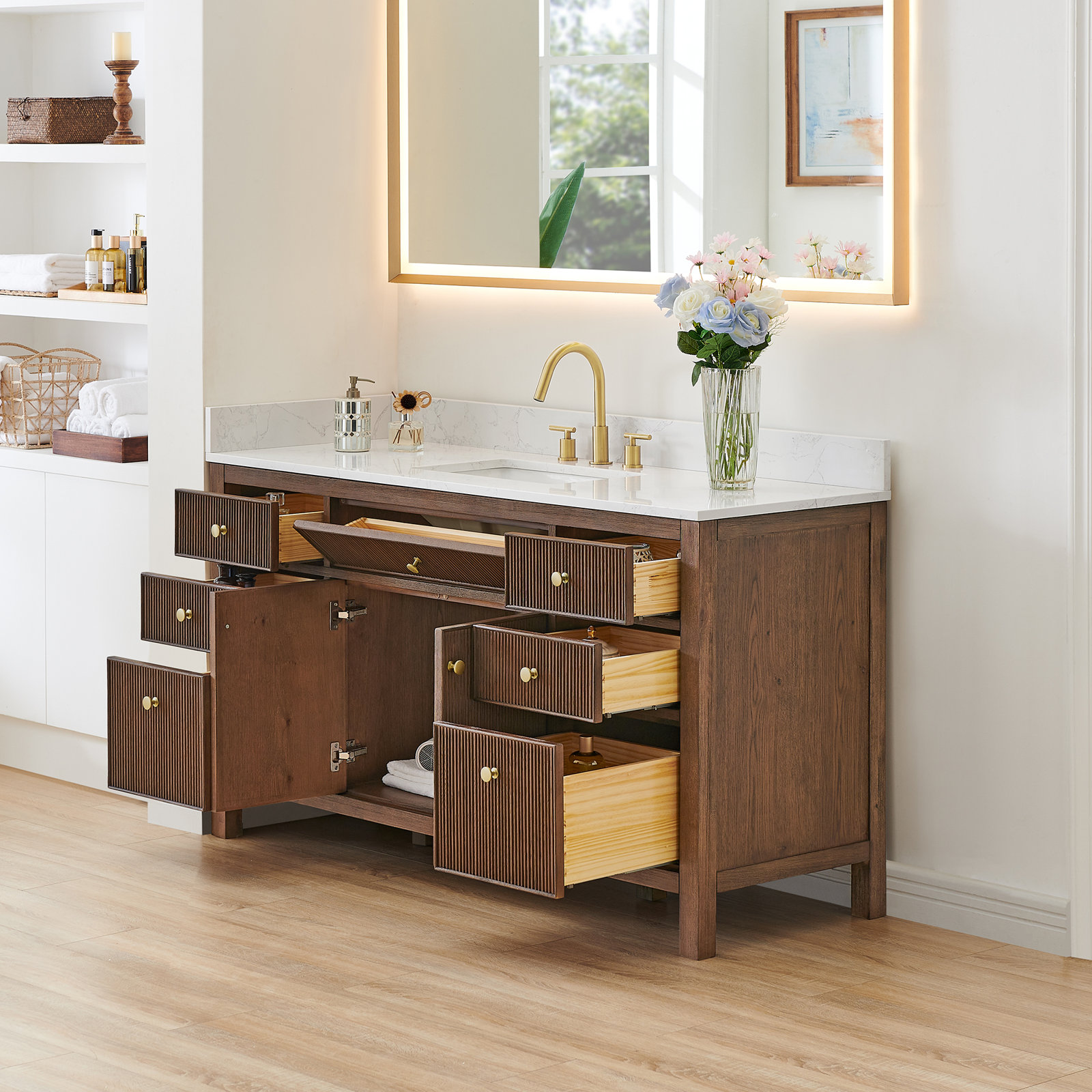 Lala 60" Single Bathroom Vanity with Grain White Engineered Stone Countertop without Mirror, Brown Brushed Oak