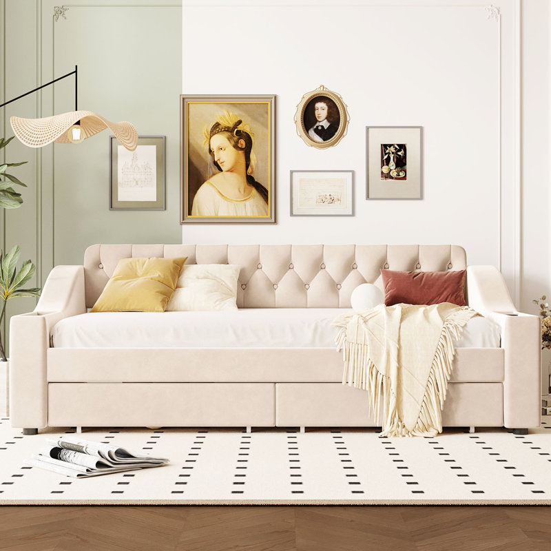 Lit de jour simple avec rangement pour port et accoudoirs en beige, finition rembourrée, Beige