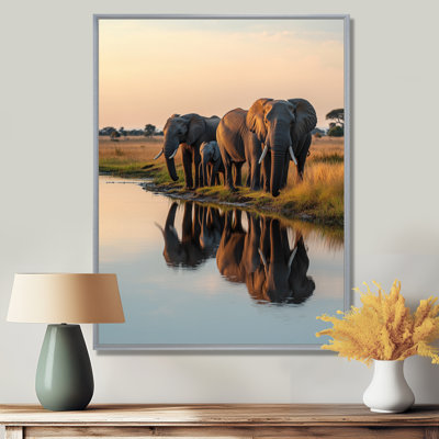 African Elephants By The River I - Elephant Framed Canvas Print