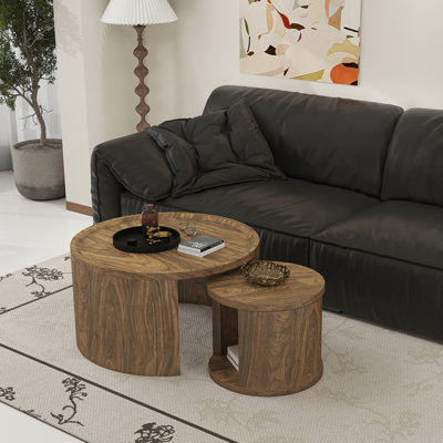 Round Nesting Coffee Table Set Of 2, Natural Wood Color Coffee Table, 31.5" Large & 18" Small Low Tables With Wood Top, Center Table For Living Room,