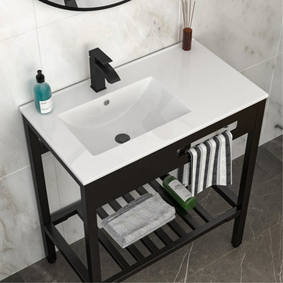 32" x 18.5" Bathroom Ceramic Console Sink with Overflow & Black Legs