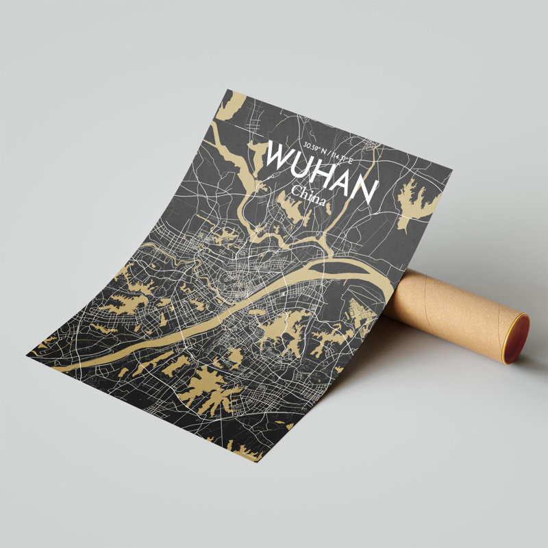 Carte de la ville de Whan, impression, Noir et or, H 20 po x l 16 po