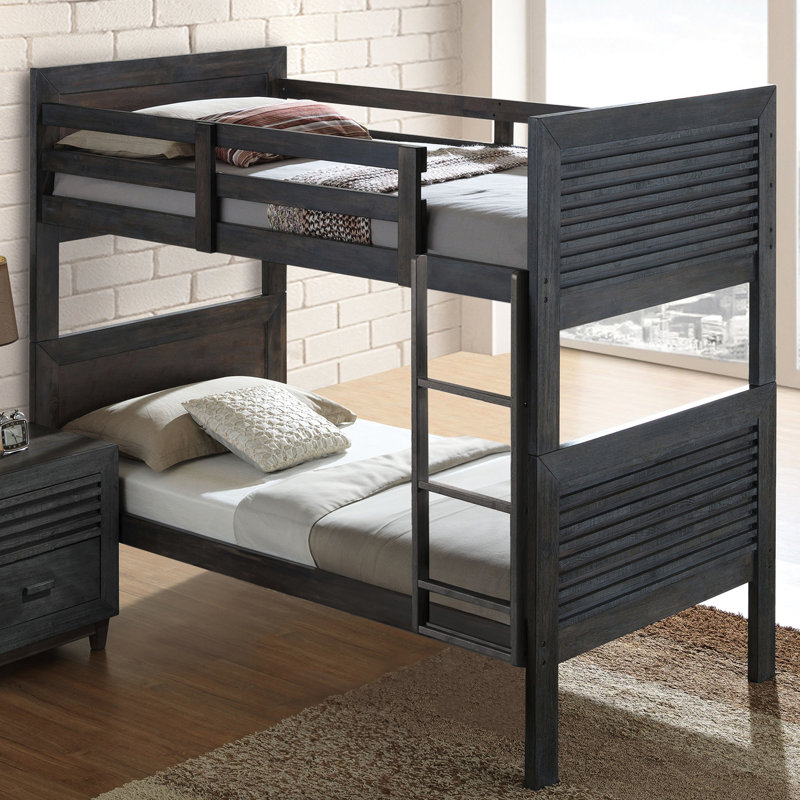 Lit simple superposé au-dessus de style transitionnel avec bois franc massif brun anthracite réversible, conception à lattes, tête de lit à panneaux et joint, bois franc de décoration de chambre à coucher avec brun et transformation en insert