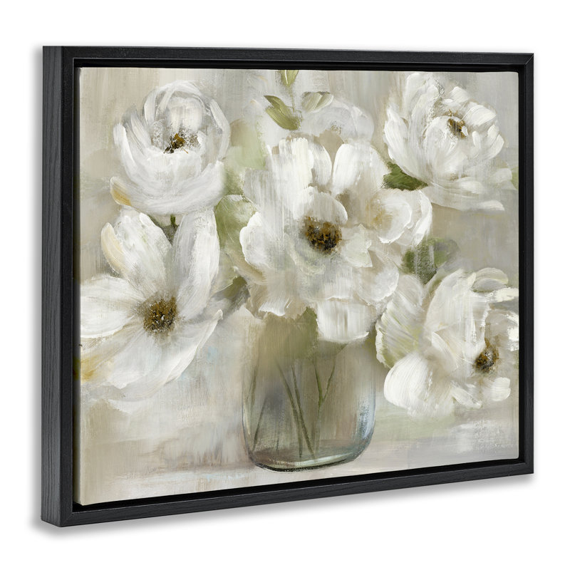 Doux pétales blancs dans un cadre flottant dans un vase, design par Nan, H 25 po x l 31 po, Cadre flottant noir de jais
