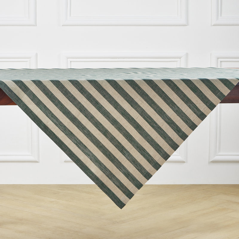 Sorrento Stripe - 100% Pure Linen Table Throw, Striped, Hunter Green/Natural