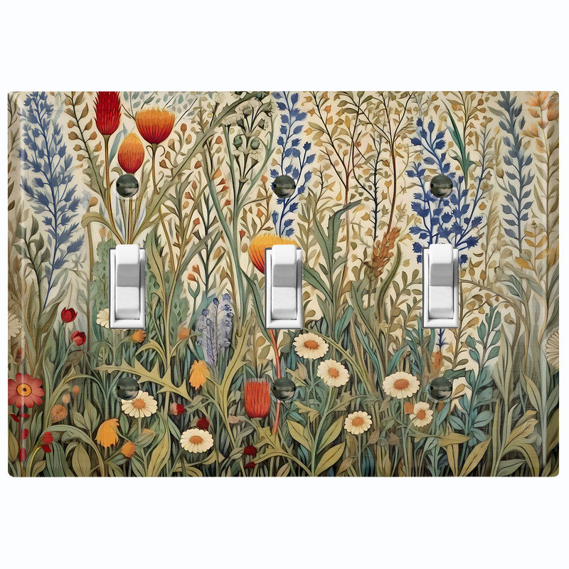 Couvercle de plaque d'interrupteur en métal; Bascule 3 bandes US standard - Prairie de fleurs sauvages rustique, Triple # 3