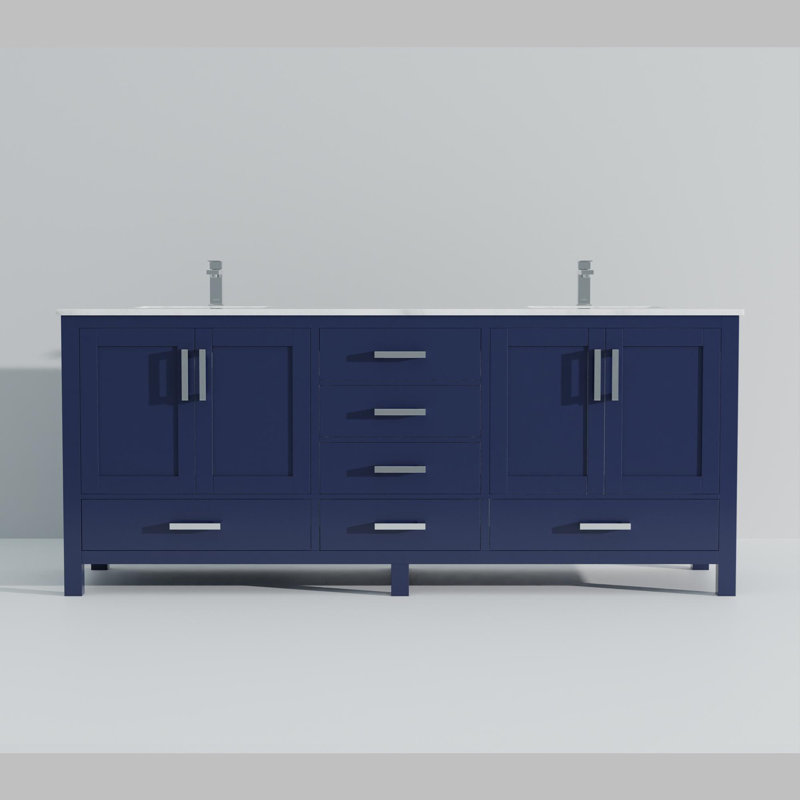 Ensemble de meuble-lavabo double avec plateau en marbre de Carrare et robinet, Bleu marine