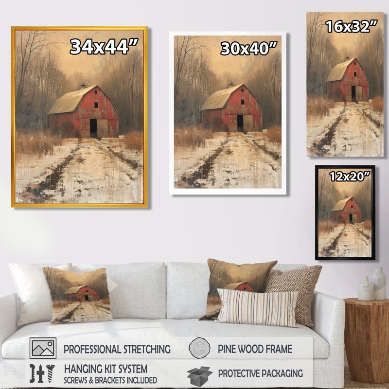 «Red Brown Autumn Vintage Vibes Barn» - art mural grange, Toile tendue, H 20 po x l 12 po