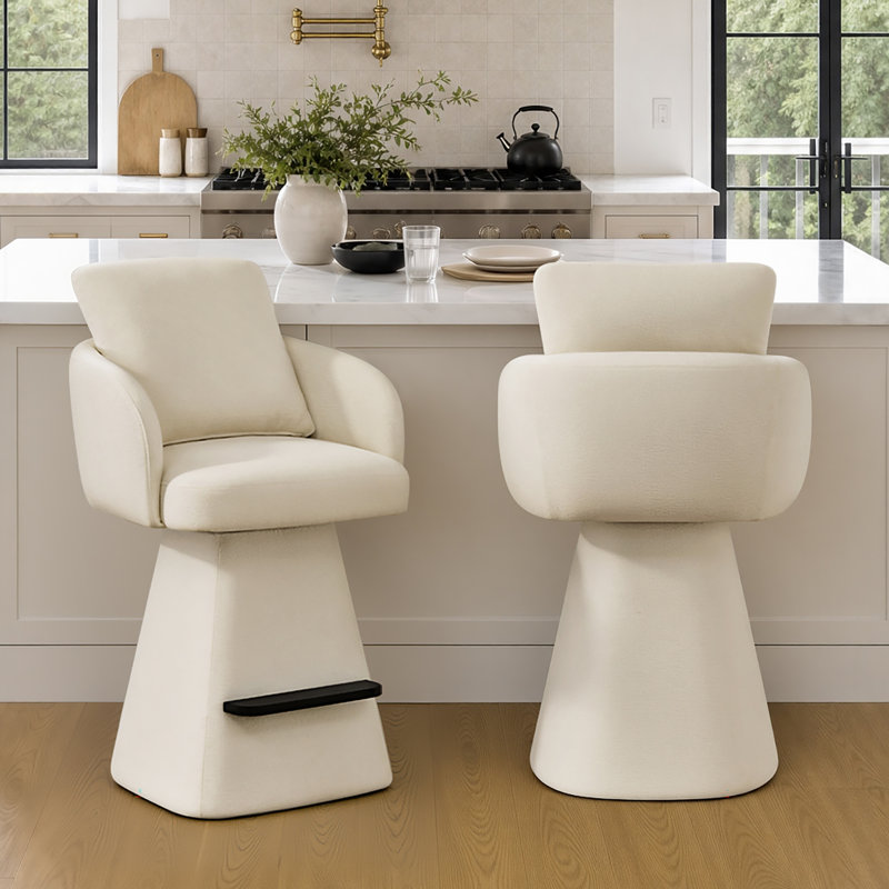 Tabouret de bar pivotant moderne avec siège et accoudoirs entièrement rembourrés, Blanc