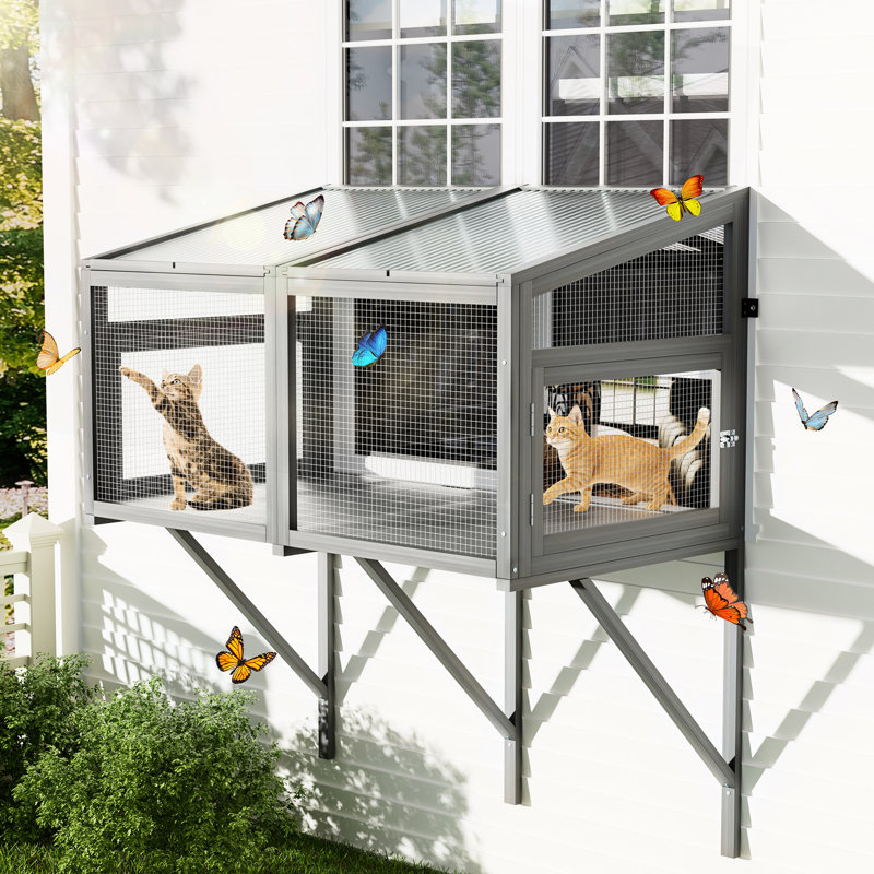 Enceinte de fenêtre pour chat - boîte en bois avec fonction extensible, largeur de 25,5 po, barrière pour animaux grise, cabane d'extérieur confortable pour les chats d'intérieur, taille X de 43,3 po, conception moderne, chats de sécurité moyens