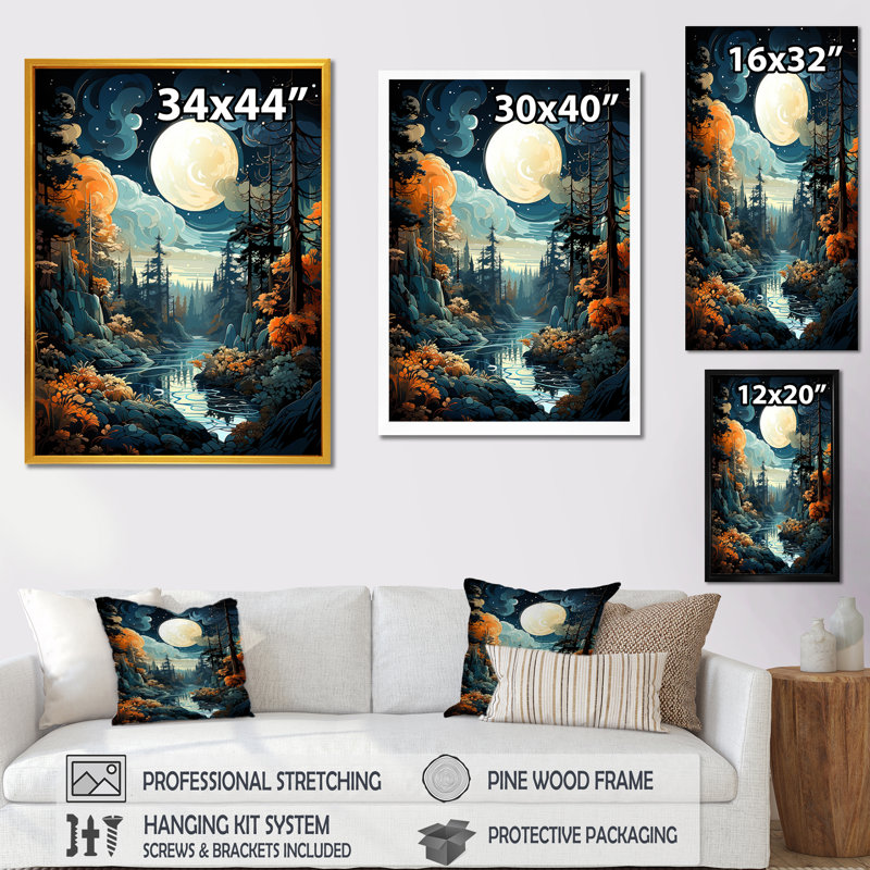 «Moonlight River Retreat Into The Forest IV», art mural forêt et rivière, Cadre photo argenté, H 32 po x l 16 po x P 1 po
