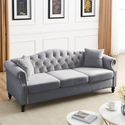 3 Seater Grey Velvet For Home - With Rolled Arms And Style 3 Couch Arms, Nailhead Trim Construction Everyday Use