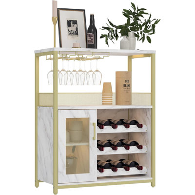 Minimalist Wine Bar Cabinet, Freestanding Liquor Cabinet with 16 Bottle Wine Rack, Glass Holder, Mesh Door Storage for Home Kitchen, Living Room