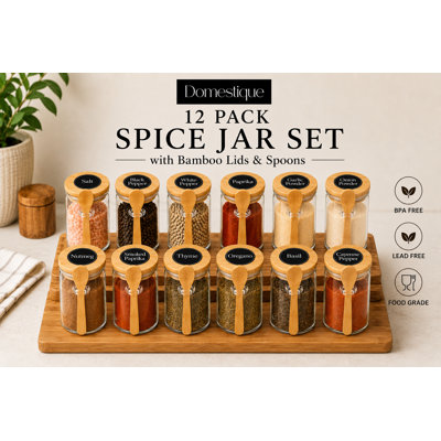 Ensemble de pots à épices en verre avec couvercles et cuillères en bambou, pots de rangement en verre borosilicaté avec étiquettes pré-imprimées et vierges - PAQUET DE 12