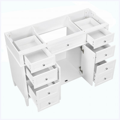 Base de meuble-lavabo autoportant 48 po 48 po, 6 tiroirs et 2 portes avec charnières à fermeture douce, poignées en métal argenté, blanc, panneau de fibres à densité moyenne