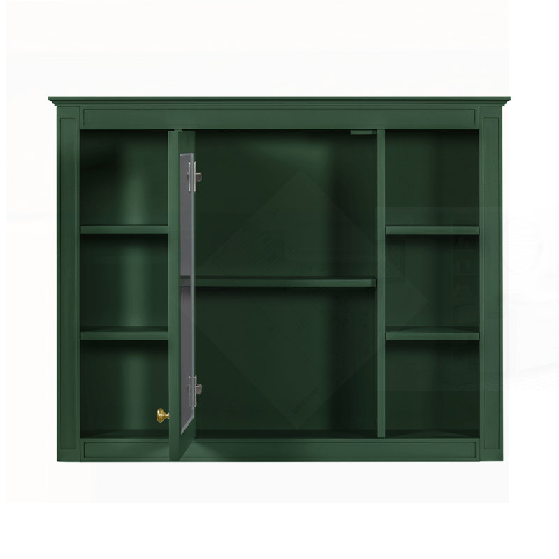 Armoire de rangement murale moderne avec miroir et 6 tablettes ouvertes, parfaite pour les salles de bain organisées et élégantes.