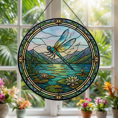 7.8"H Dragonfly Landscape Stained Glass Window Panel