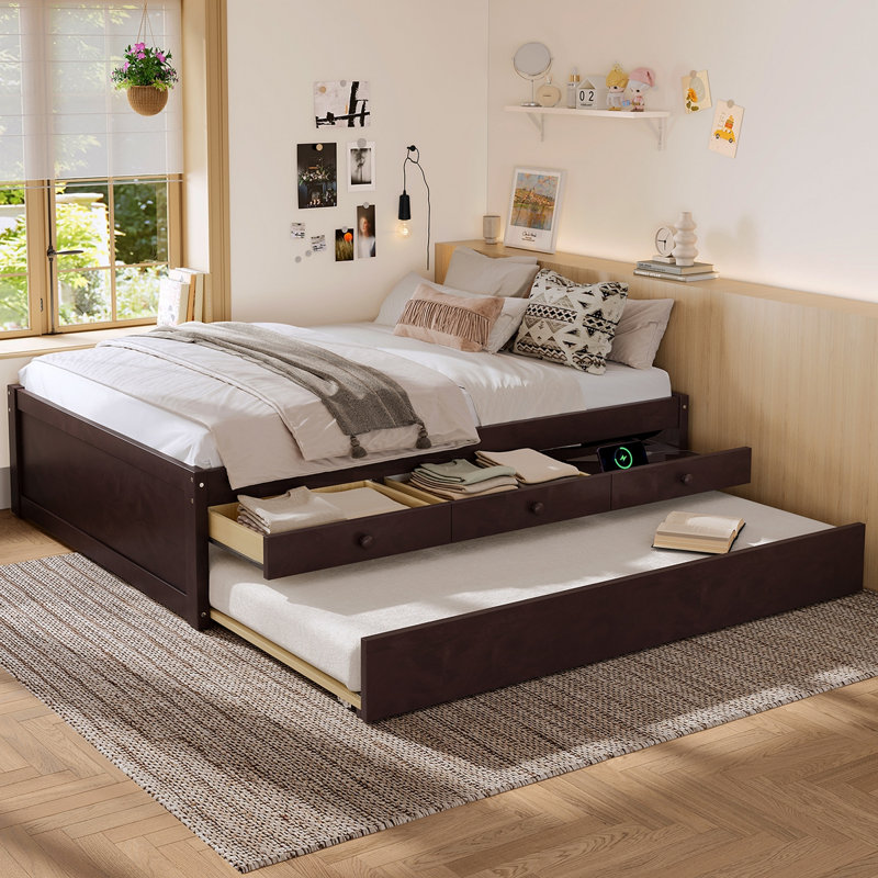 Lit plateforme double avec lit gigogne et 2 tiroirs, lits en bois massif avec barre d'alimentation, espresso, Complète