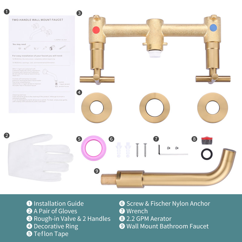 Brushed Gold Double Handle Wall Mounted Bathroom Faucet