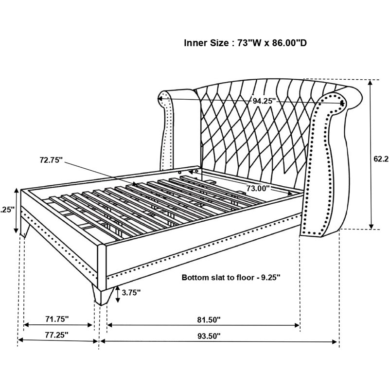 Très grand lit tapissé en noir avec un dossier à oreilles, des pieds en acier finis en angle et une tête de lit en cristal scintillant pour une chambre à coucher dramatique