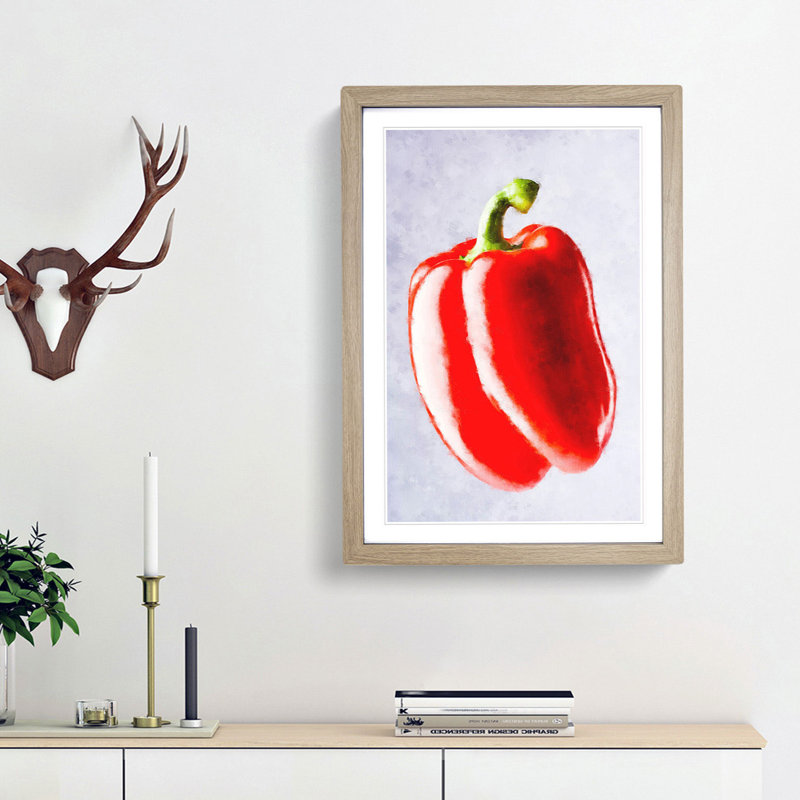 Lone Red Bell Pepper - Framed Print, Oak Framed, 87cm H x 62cm W x 2cm D