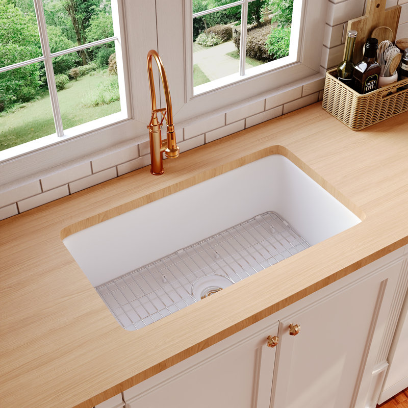 Rectangular Fireclay 32" L x 19" W Fireclay Undermount Kitchen Sink with Basket Strainer and Sink Grid, White