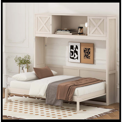 Grand lit escamotable beige avec armoires de rangement attachées