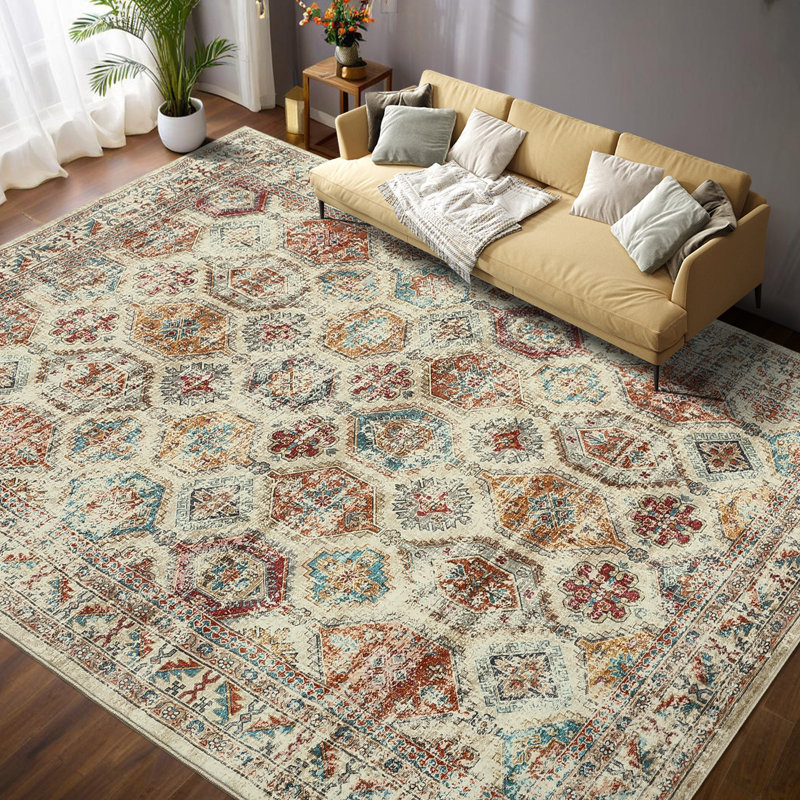 Vintage Oriental Printed Distressed Rug Washable Thin Low Pile Area Rugs for Living Room Decor Non Slip Stain Resistant Entry Runner Rug Soft Carpet for Bedroom
