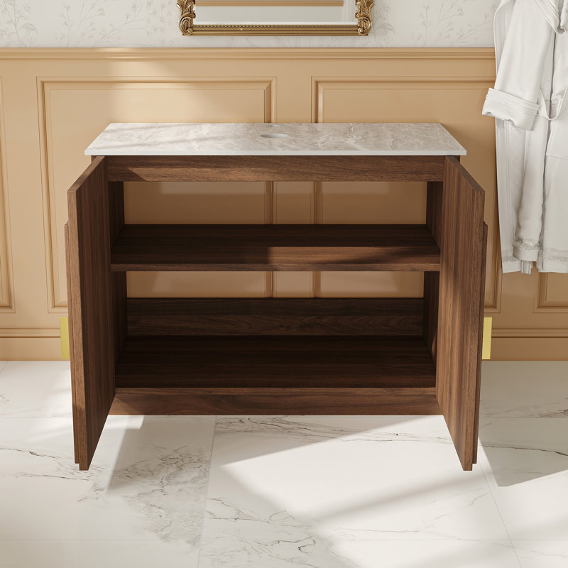 Base de meuble-lavabo 36 po avec comptoir en pierre frittée, tablette réglable et tuyau de drainage inclus, base de meuble-lavabo de salle de bain autoportant