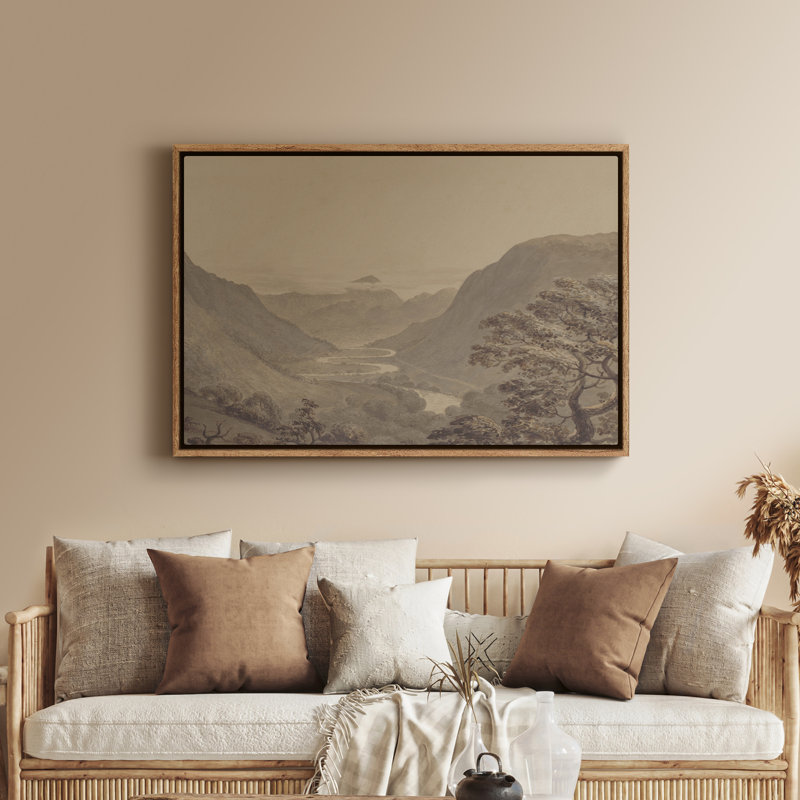 Art mural encadré sur toile - Paysage de vallée de montagne sépia rétro avec rivière et collines lointaines - 16 po x 24 po, 24 po x 36 po
