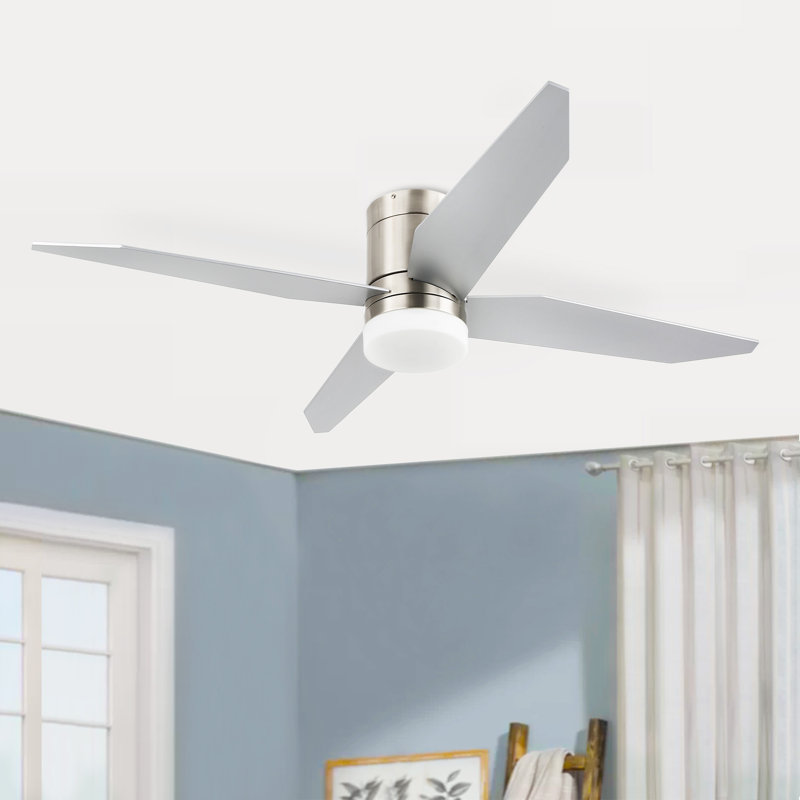 52" Arandip 4-Blade Flush Mount Led Ceiling Fan With Remote Control And Light Kit Included, Silver