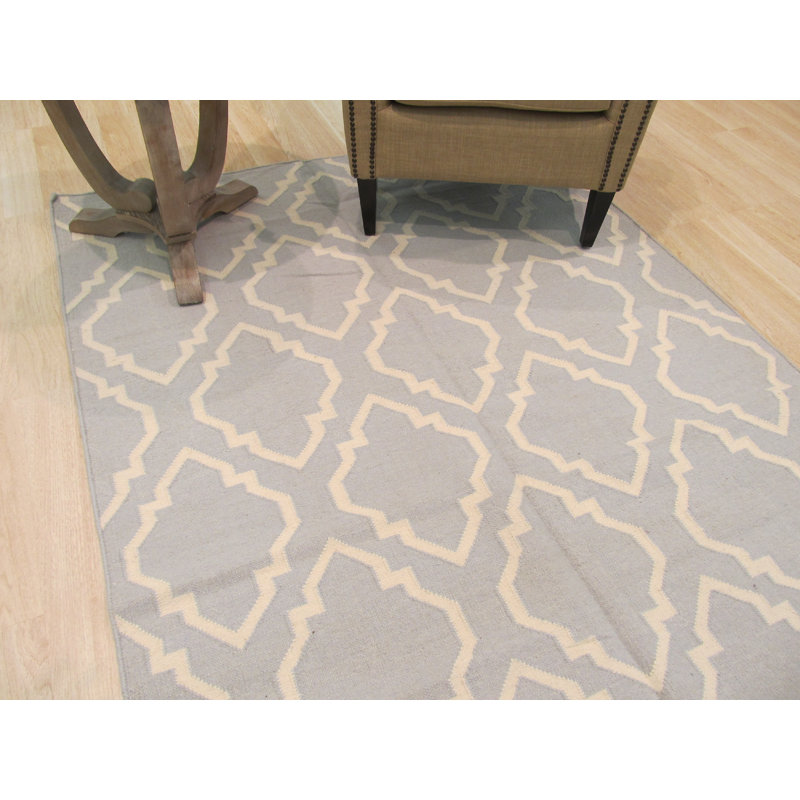 Durrant Blue Flatweave Wool Transitional Geometric Handmade Area Rug, Rectangle 5' x 8'