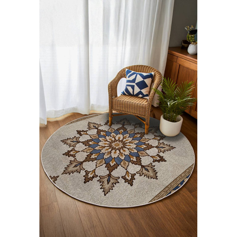 Tapis marocain beige en coton et polyester à imprimé numérique Madeline Collection, Rond 3 pi 4 po