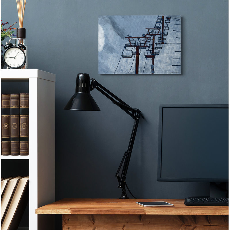 «Ski Lift Blue Sky» par Karen Dreyfus - reproduction de dessin, H 16 po x l 20 po x P 1,5 po, Toile tendue