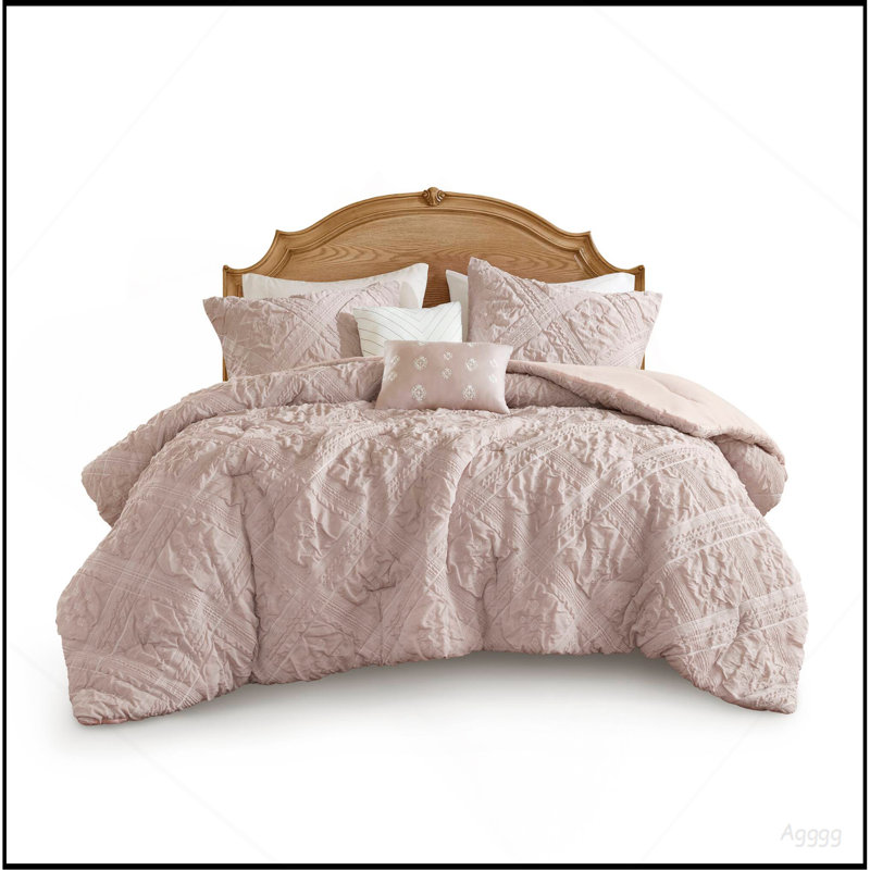 Ensemble d'édredon en jacquard sculpté 5 pièces pour lit très grand 5 pièces, rose, King Comforter + 4 Additional Pieces