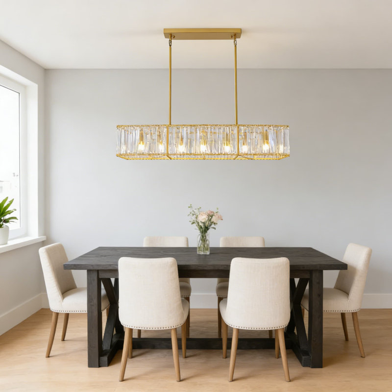 Lustre moderne en cristal linéaire avec cristaux K9 authentiques, luminaire suspendu rectangulaire à 7 lumières à intensité variable pour salle à manger, salon et îlot de cuisine