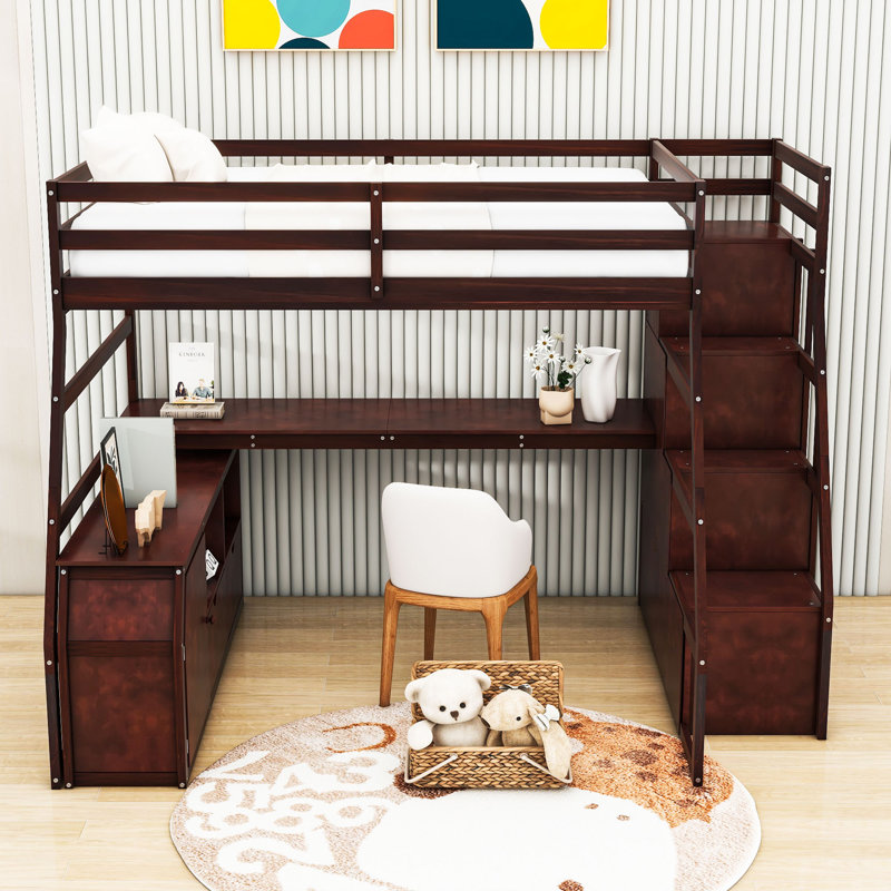Lit mezzanine double avec tiroirs, tablettes et bureau, Espresso