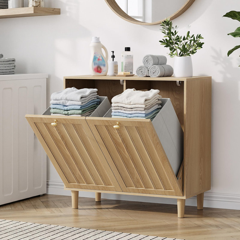 Panier à linge incliné avec panier intérieur amovible, panier à linge dissimulé, armoire de rangement pour salle de bain, support de rangement autoportant, couleur chêne