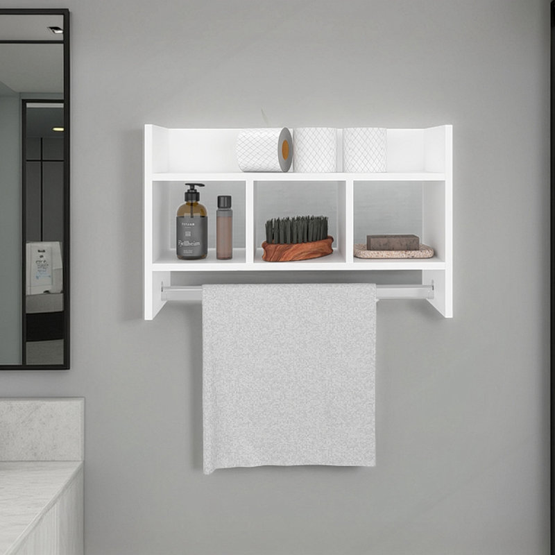 Tablette de bain blanche avec barre à serviettes, tablette ouverte et espace de rangement