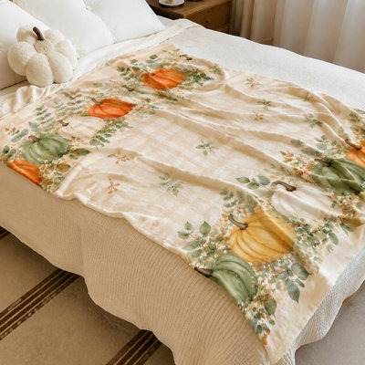 Pumpkin Patch Plaid Fleece Blanket, Cozy Autumn Harvest Decorative Throw for Sofa Couch Bedroom Living Room Home Decor
