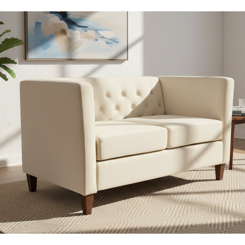 Causeuse en velours capitonnée à boutons Mid-Century avec pieds en bois massif, Ivory Polyester
